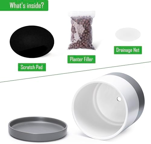 D'vine Dev 2-Pack Ceramic Pots with Saucers, 8/10 in, White/Grey, 94-G-L-6 - Image 4