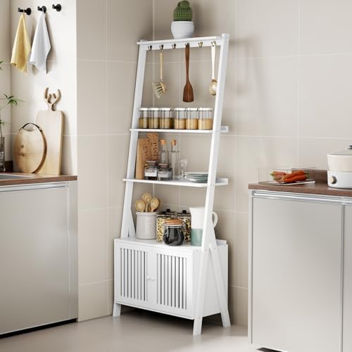 Ladder Shelf with Drawers, Bookshelf 4-Tier Bamboo Bookcase with 6 Hooks - Image 5