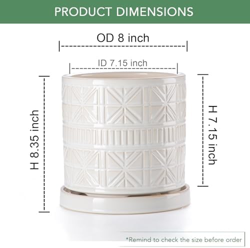 Ceramic Plant Pots Indoor-Outdoor: 8 Inch Embossed Planters with Drainage Hole & Saucer - Modern Decorative Flower Pots for Home Garden Patio Office Decor - Image 2