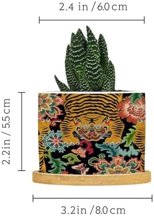 Chinoiserie Tiger Planter Ceramic Green and Turquoise Tiger Stripe Round Flower Pots with Drainage Holes and Bamboo Tray Pot for Pots Outdoor Indoor Plants - Image 2