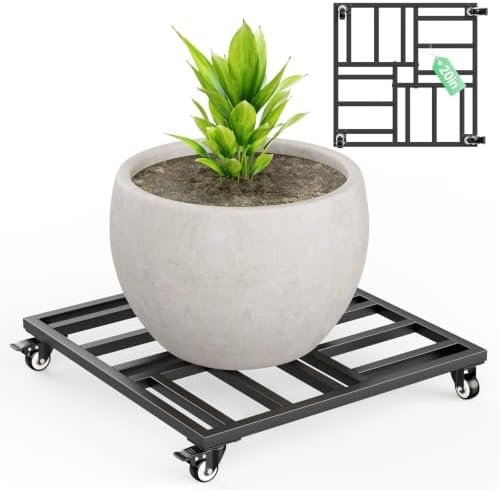 20" Plant Caddy with Wheels, Rolling Metal Plant Stand Holds up to 600 lbs, Square Plant Dolly with Lockable Caster Wheels for Large Planter Pots, Heavy Items, Indoor and Outdoor Use (black) by Unknown