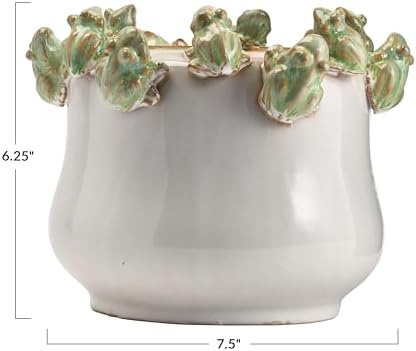 Creative Co-Op Decorative Stoneware Planter with Frog Figurine Rim, White and Green - Image 4