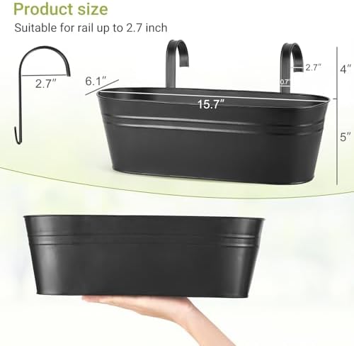 Dahey 15 Inches Railing Planter Box 4 Pcs Metal Hanging Flower Pots, Black - Image 2