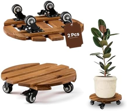 THYOI 2 Pack 12" Acacia Wood Plant Caddy with Lockable 360° Caster Wheels, 300 LB Heavy Duty Rolling Stand for Indoor Outdoor Planter Pots, Wooden Dolly for Patio (Golden Teak, Round) by THYOI