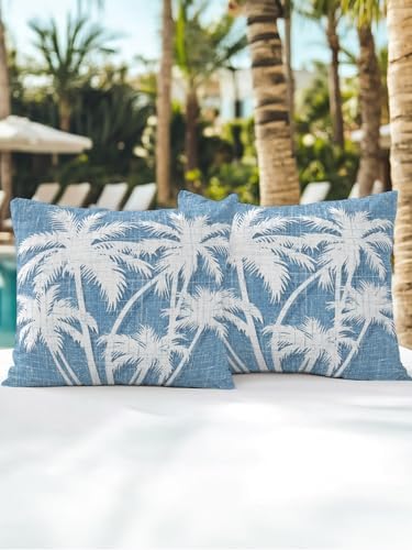 Outdoor Pillows Waterproof Set of 2, Tropical Palm Tree Patio Throw Pillows for Couch Bed Sofa with Insert, Vintage Sky Blue Exotic Botanical Plants Decorative Reading/Camping Pillow Set 18x18 Inch - Image 5