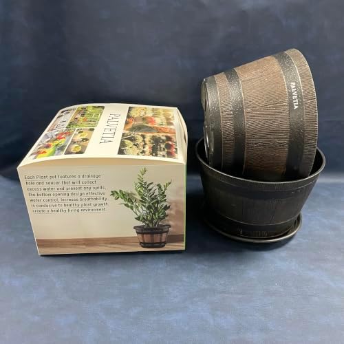 8 Inch Whiskey Barrel Planter with Saucer and Drainage Hole, Lightweight Plastic Flower Pot for Indoor Outdoor Use - Image 4