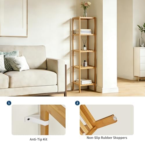 Garvee 5-Tier Bamboo Shelf Narrow Bathroom Shelf with Slatted Shelves Natural Wood Plant Stand Standing Towel Rack Corner Rack for Bathroom Entryway Bedroom Kitchen Sunroom - Image 5