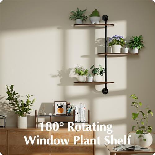 Rotating Window Plant Shelves 3-Tier, Wooden Window Shelf for Plants, Sill Space-Saving Corner Hanging Wall Stand for Multiple Plants, Indoor Home Decor, Carbonized - Image 4