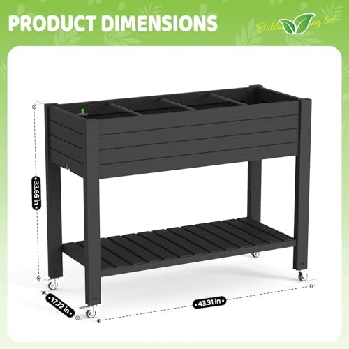 Elevated Raised Garden Bed,Outdoor Large Planter Box with Wheels & Shelf for Backyard Balcony,Dust-Proof Resin Patio Raised Bed for Herbs Flowers Vegetables(Black) - Image 2