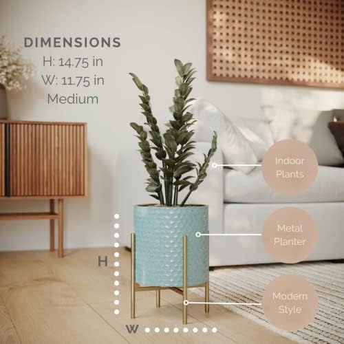 EverNest Mid-Century Modern Rhys Honeycomb Embossed Planter Pot with Loki Gold Stand, Metal Indoor Plant Pots, Blue Green Bohemian Style (Medium 2 Gallon) - Image 2
