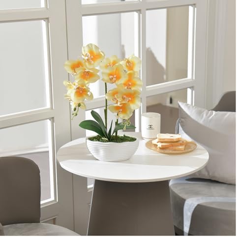 Large Artificial Orchid Arrangement in Oval Ribbed Ceramic Pot, Yellow - Image 4