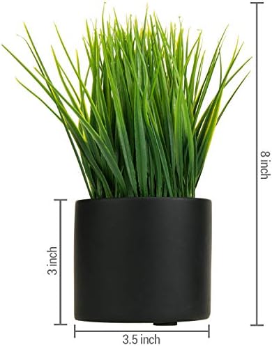 MyGift Tabletop Artificial Grass Plants Decorative Faux Greenery Plant Potted in Modern Cylindrical Black Cement Pots, Set of 2 - Image 5
