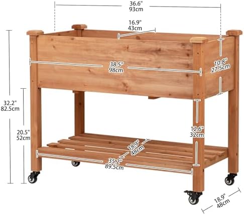 Raised Garden Bed with Lockable Wheels, 40x24x32 inch Elevated Wood Planter with Storage Shelf Protective Liner for Vegetable Flower Herb Outdoor Balcony Patio Backyard, Brown - Image 2