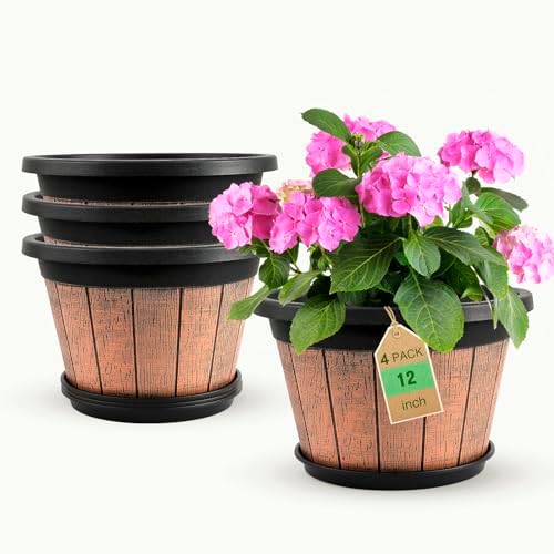 4 Pack 12 inch Plant Pot,Large Whiskey Barrel Planters Indoor Outdoor by Quarut