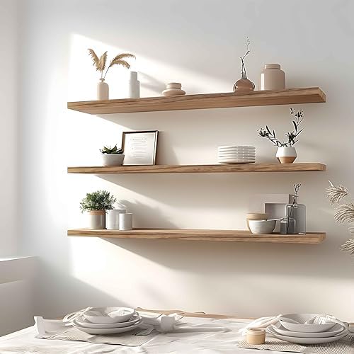 YYWUOJJ Wood Floating Shelves for Wall Decor, Rustic Wall Shelves for Bedroom Bathroom Kitchen Living Room, Set of 4 Light Walnut 48 Inch - Image 5