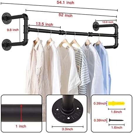 Wall Mounted Clothes Rack - 54" Industrial Pipe Clothing Garment Rack, Space-Saving Heavy Duty Detachable Black Iron Clothes Hanger Pole, Multi-Purpose Hanging Rod for Closet Storage, 4 Base - Image 5
