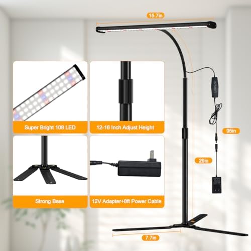 Super-Bright Grow Light for Indoor Plants, 6000K 108LEDs Full Spectrum Plant Lamp with Timer 4/8/12Hrs & Height Extendable for Home Office Desktop Plants, 12V 3A High Power Output for Faster Growth - Image 7