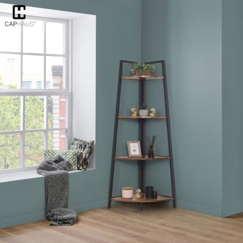 CAPHAUS Tall Corner Shelf Stand, 4-Tier Display Shelves, Ladder Corner Wood Storage Plant Bookshelf with Metal Frame, Versatile Shelving Unit Bookcase for Home Office Space, Rustic Oak - Image 7