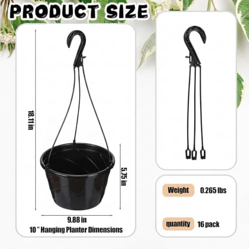 16 Pcs 10 Inch Modern Euro Swirl Hanging Planter Uv-Resistant Plastic Hanging Basket Smart Drainage Lightweight Indoor Outdoor Flower Pots for Garden Porch Balcony Patio Home Decor (Black) - Image 3