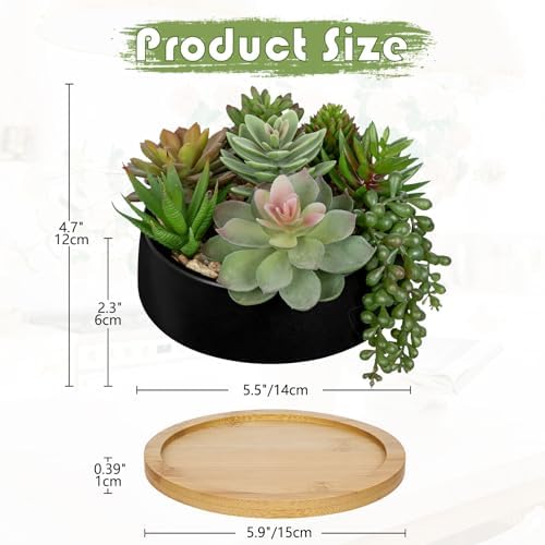 Artificial Succulent Plants in Pot 5.5 Inch Fake Succulents Arrangement Potted Plant in Black Ceramic Planter Bowl with Wood Saucer for Home Office Desk Shelf Living Room Bedroom Bathroom Decor - Image 3