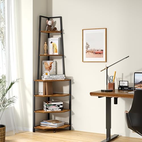 VECELO 6 Tier Corner Shelf 69 Inch Industrial Bookshelf with Metal Frame, Multipurpose Tall Plant Stand with Opening Display Shelves for Living Room, Bedroom, Home Office, Small Space, Brown - Image 3
