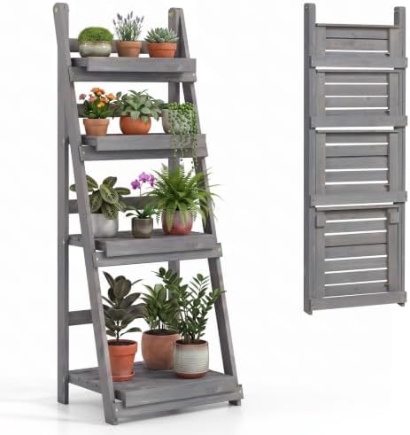 GIANTEX Foldable Wooden Plant Stand, 4-Tier Ladder Plant Shelf, Grey by Giantex