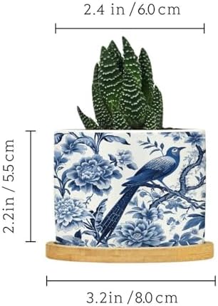 Blue Indigo Floral Chinoiserie Planter Ceramic Asian Navy Bird Round Plant Pot with Drainage Holes and Bamboo Tray Pot for Home Office Desk Garden - Image 2