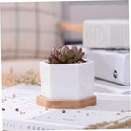 BESPORTBLE 3 Set Small Ceramic Hexagonal Succulent Pots Planter Pot Stand Geometric Planter with Bamboo Tray - Image 3