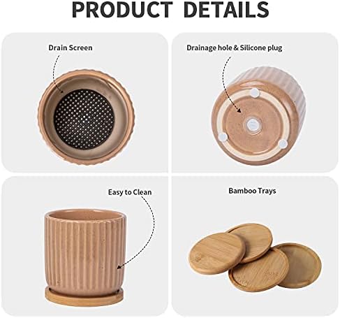 4 Inch Cylinder Ceramic Boho Plant Pots with Drainage Hole and Saucer, Glazed Vertical Pattern Multicolor Flower Pots for Succulent, Snake Plant, Cactus & Herbs, Set of 4 (Plant Not Included) - Image 4