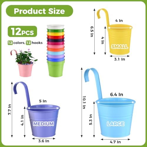 12 Pack Balcony Planters Railing Hanging, Colorful Railing Planter 6.4 Inch Plant Pots with Drainage Holes Hanging Plant Holder Indoor Hanging Planter Outdoor Flower Pots - Image 3
