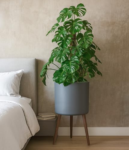 D'vine Dev 16 Inch Planter Pot with Wood Stand, Grey, 88-O-E-3 - Image 6