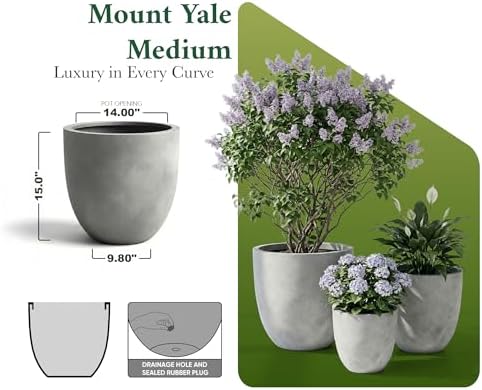 DTY Mount Yale 15.7" D x 15" H (Pot Opening 12.2") Fiberstone Planter with Drainage Hole, Weather Resistant for Indoor and Outdoor, 2 Extra Coco Mats - Gray, Medium - Image 7