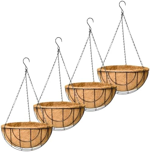EIMQUVW Outdoor Metal Hanging Planters Basket (4pack, 14 inch) Hanging Baskets for Plants Chain Round Wire Plant Holder with Coco Fiber Liners for Garden, Patio, Deck, Porch(Grid) by EIMQUVW