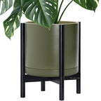 D'vine Dev Ceramic Pot with Ebony Wood Stand, Olive, 14 in, 55-B-S-J by DvineDevPlanterPotsandStand