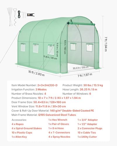 VEVOR Walk-in Tunnel Greenhouse, 10 x 7 x 7 ft Hoop House Greenhouse Tunnel with Watering System, Plant Hot House with Steel Frame, PE Cover, Roll-Up Zipper Door and 6 Windows for Outdoors, Green - Image 7