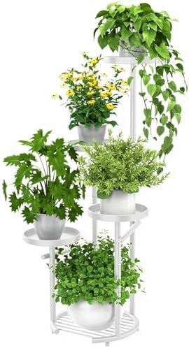 TOSKING Tall 5-Tier Round Metal Corner Plant Stand Indoor, Anti-Tip, White by TOSKINGESSENCE