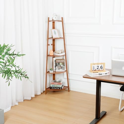 5-Tier Corner Shelf Stand, Tall Wood Shelf, Bookshelf for Living Room, Bedroom, Office, Plant Display, Rustic Brown Freestanding Triangle Storage Rack - Image 2