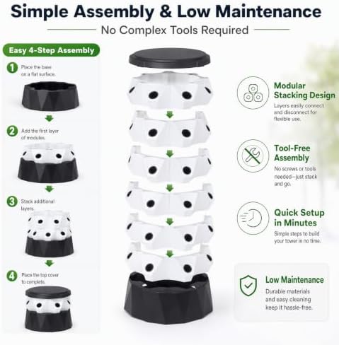 80 Planting Holes10-Tier Hydroponic Grow Tower Kit PP Hydroponic Gardening Tower System Vertical Indoor Garden Kit 7.93 Gallons Water Tank for Home Garden Lettuce Strawberry (7.93 Gallons Water Tank) - Image 6