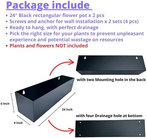 LaLaGreen Wall Planter (24 Inch, 2 Pack) Rectangular Metal Hanging Flower Pot for Succulents Carbon Steel Black, Long Window Sill Box Modern Fence Floating Garden Shelf for Deck Indoor Outdoor Decor - Image 2