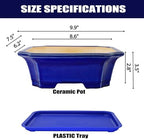 MUZHI 2pcs Green Ceramic Bonsai Planter Pots with Bamboo Tray 6.2 “ & 5.3”, Rectangular Glazed Bonsai & Succulent Cactus Starter Pot with Drainage Ice Crack Design (Crackle Glazed 10") - Image 2