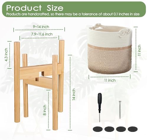 Flower Pot Rattan Plant Stand Planter with Stand, Tall Indoor Boho Woven Wicker Storage Basket with Adjustable Wood Shelf (White & Brown) - Image 5