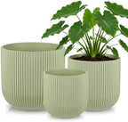 Set of 3 Ceramic Flower Pots, 6+7+9 Inch Plant Pot with Drainage Holes, Garden Flower Pot Succulent Herbs Succulent Orchid Pot Indoor Outdoor Home Garden Decor, Green by NatureCrafted