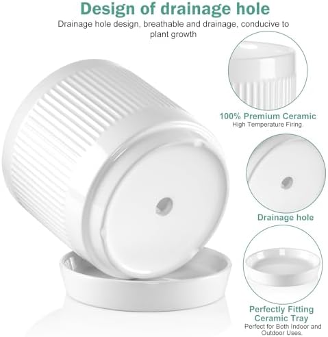 Vanavazon 6 Inch Glazed Ceramic Plant Pots with Drainage Hole and Saucer, Cylinder Indoor Planters for All House Plants, Modern Decor for Home & Office, Set of 2 (White) - Image 3