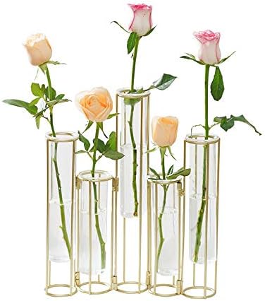 Hinged Flower Vases with 5 Test Tubes Glass Flower Vase with Metal Stand Can be Bent and Contorted Propagation Station Plant Display Holder Set for Home Wedding Décor by Radefasun