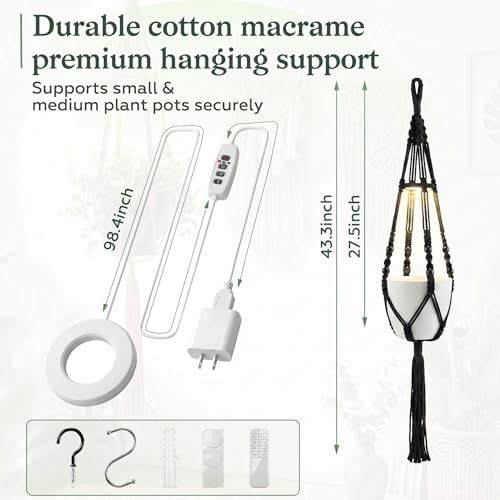 Huquary 3 Pack Macrame Hanging Plant Hanger with Grow Light,Black - Image 6