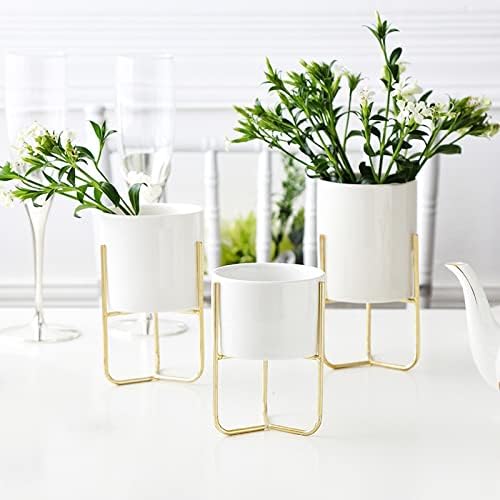 HASMI Plant pots Set of 3 Ceramic Flower pots with Metal Rack Desktop Flower Vases Planters for Succulents Home Gardening Decoration Without Hole Flower Pots (Color : 1) - Image 5