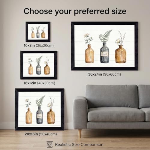 Framed Canvas Wall Art Vintage Apothecary Bottles Wildflowers Amber Sage and Charcoal Canvas Print Poster Black Frame Wall Decor for Kitchen Bathroom Minimalist Art, Nature Print - Inch 24x36 - Image 3