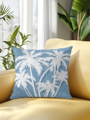 Throw Pillow 18x18 Inch, Tropical Palm Tree Waterproof Outdoor Pillow Covers for Patio with Insert, Vintage Sky Blue Exotic Botanical Plants Decorative Pillowcase Cushion for Couch, Sofa, Bed, Garden - Image 2