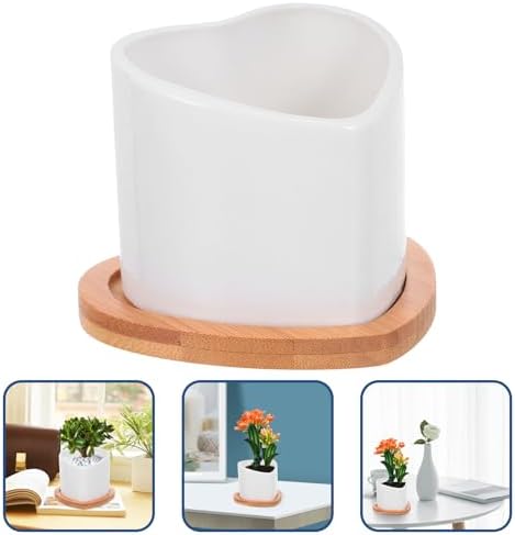 IMIKEYA Mini Succulent Flowerpot White Ceramic Planter with Bamboo Saucer - Image 7