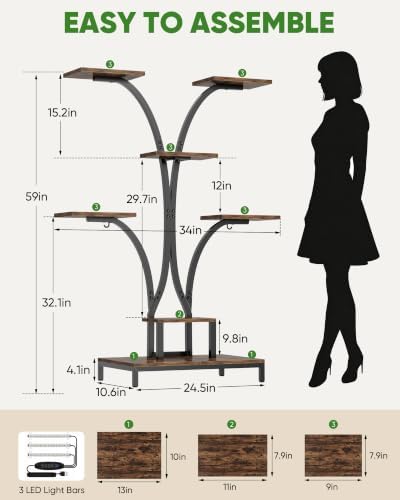 7 Tiered Plant Stand Indoor with 3 Grow Lights, 59" Tall Corner Plant Shelf for Multiple Plants, W-Shaped Metal Wood Plant Rack for Living Room, Bedroom, Office, Home Decor, Rustic Brown - Image 2